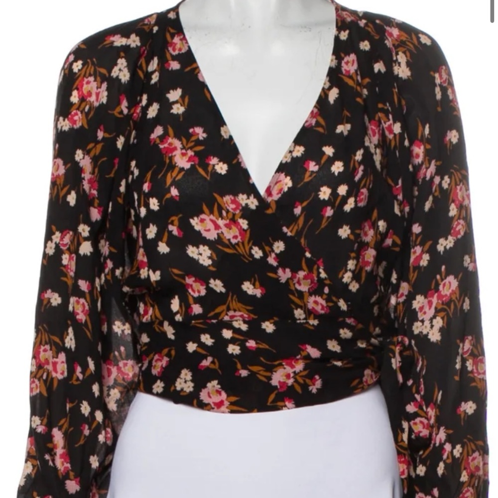 A.L.C XS Floral Silk Dolman Long Sleeve Wrap-Front Top Black Printed Crop Top